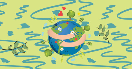 Image of save energy text over globe with trees and leaves on blue and green background