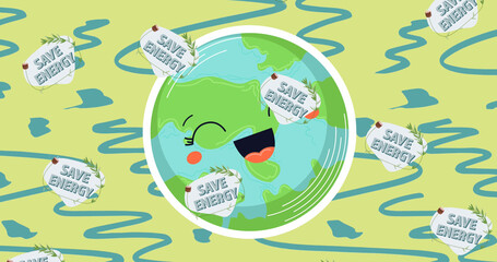 Image of save energy text over smiling globe on blue and green background