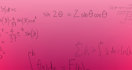 Fototapeta na wymiar Image of hand written mathematical formulae over pink background