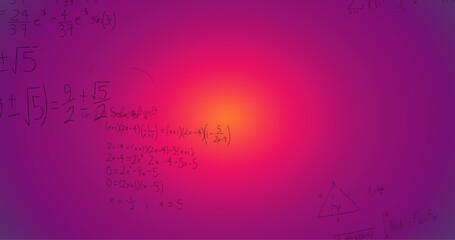 Image of hand written mathematical formulae over purple background