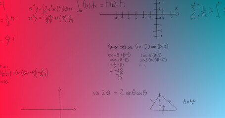 Image of handwritten mathematical formulae over blue to pink background