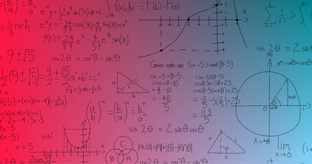 Image of handwritten mathematical formulae over blue to pink background