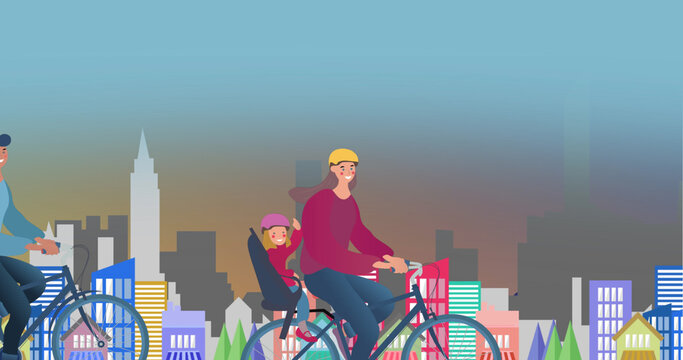 Image of happy family cycling over city