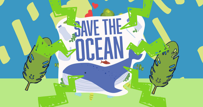 Image of save the ocean text with fish and leaves on blue and green background
