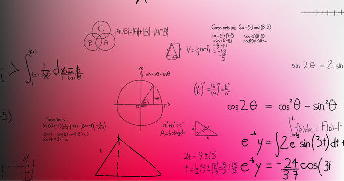 Image of hand written mathematical formulae over pink background