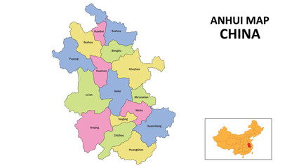 Anhui Map of China. State and district map of Anhui. Detailed colorful map of Anhui.