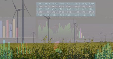 Image of financial data processing over wind turbines and landscape