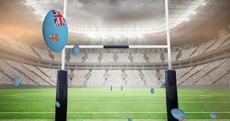 Image of rugby balls coloured with flag of fiji at stadium
