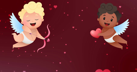 Image of happy valentine's day with heart and two smiling cherubs on red background