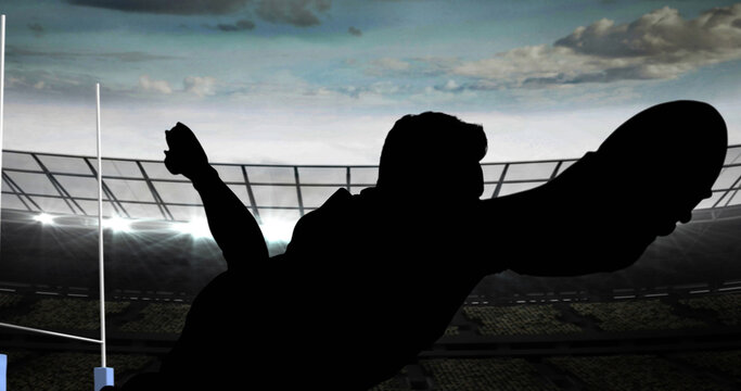 Image of let's play text with rugby player silhouette at stadium