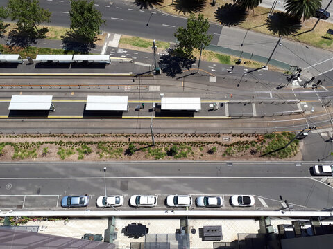 Top Down View Of Road And Tram Stops