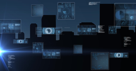 Image of data processing on screens over cityscape