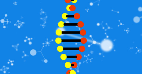 Image of dna strand spinning and molecules on blue background