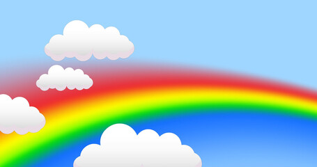 Image of clouds over rainbow on blue background