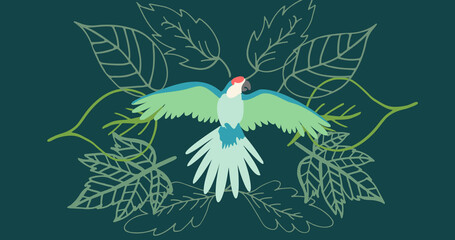 Image of parrot over leaves on green background