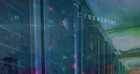 Image of cyber attack warning and data processing over computer servers