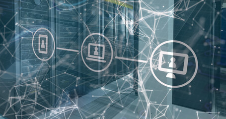 Image of digital icons and networks of connections over computer servers
