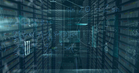 Image of mathematical equations over computer servers