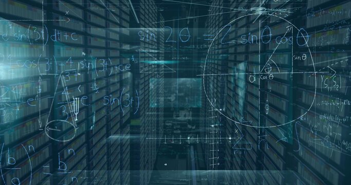 Image of mathematical equations over computer servers