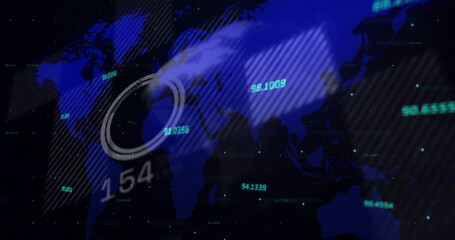 Image of world map and financial data processing over black background