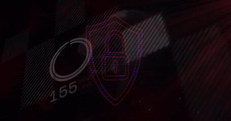 Image of padlock and financial data processing over black background