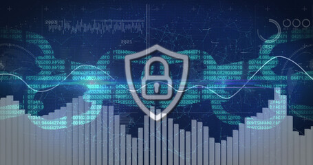 Image of padlock and financial data processing over blue background