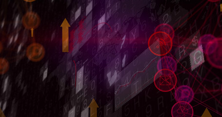 Image of arrows and financial data processing over black background