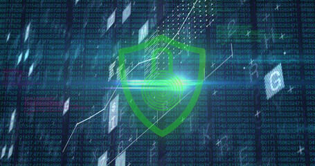 Obraz premium Image of padlock and financial data processing over black background