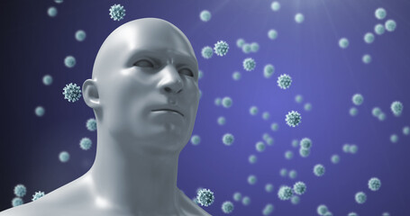 Image of virus cells floating over human head on blue background