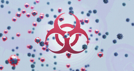 Image of virus cells floating and biohazard symbol on blue background