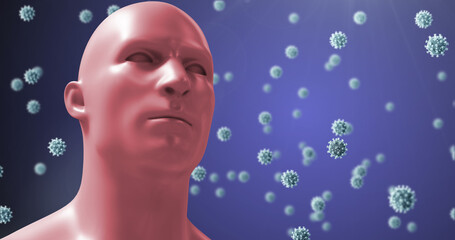 Image of virus cells floating over human head on blue background