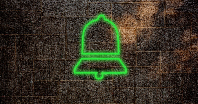 Image of glowing neon bell icon on brick wall - Powered by Adobe
