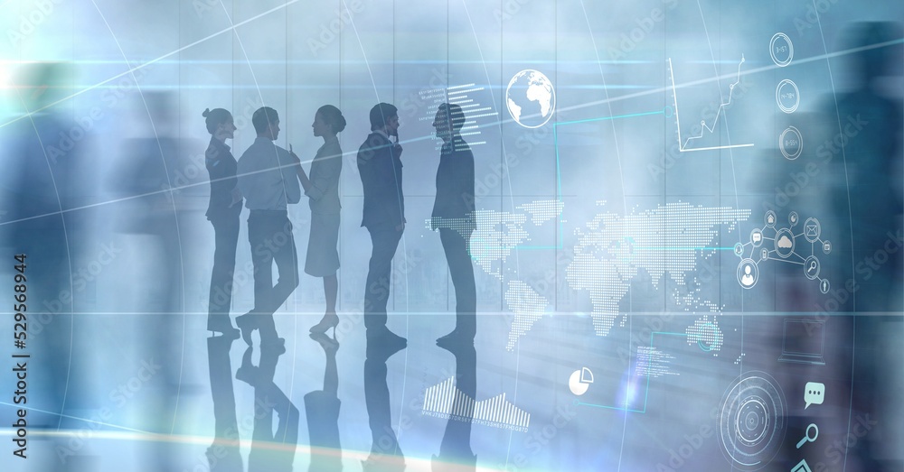 Poster digital interface with data processing and world map against businesspeople