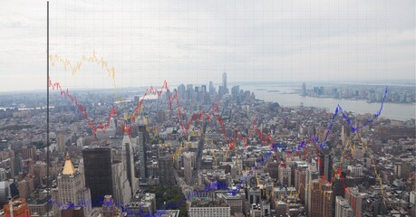 Statistical data processing over grid network against aerial view of cityscape