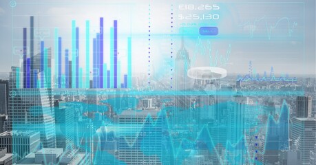 Digital interface with statistical data processing against aerial view of cityscape