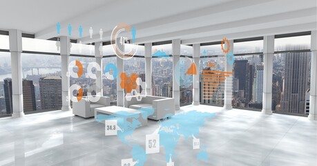 Digital interface with data processing against empty office in background