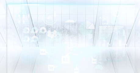 Digital interface with data processing against aerial view of cityscape