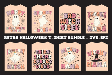 Retro Halloween T-shirt Bundle - Svg-eps. Beautiful and eye-catching Halloween vector cartoon-style of ghosts, bats, flowers, witches, and much more.