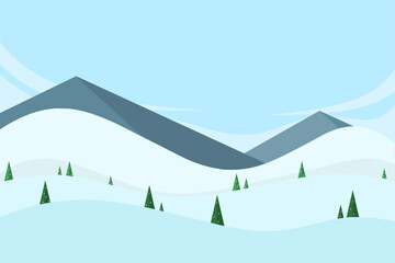 winter flat vector landscape with mountains and pine trees