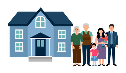 Family in front of house in flat design on white background. Sweet home.