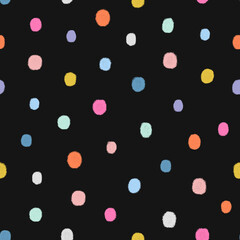 Colorful dots on black background. Polka dots design.