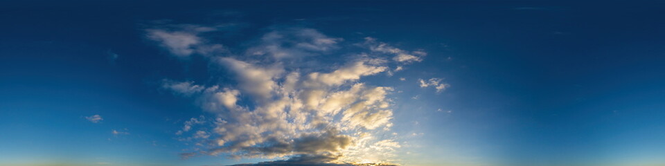 Dark blue sunset sky panorama with Cumulus clouds. Seamless hdr pano in spherical equirectangular format. Complete zenith for 3D visualization, game and sky replacement for aerial drone 360 panoramas.