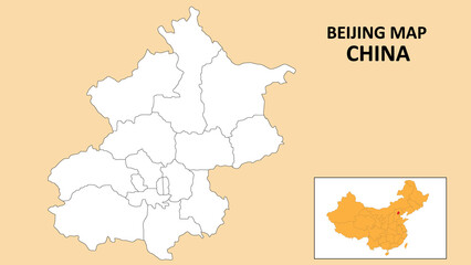 Beijing Map of China. Outline the state map of Beijing. Political map of Beijing with a black and white design.