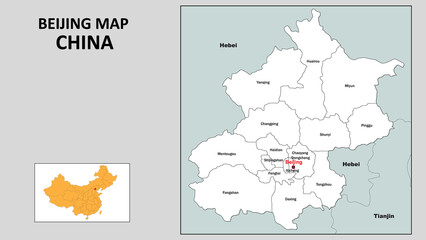 Beijing Map of China. State and district map of Beijing. Administrative map of Beijing with district and capital in white color.