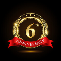 6th golden anniversary logo, with shiny ring and red ribbon, Laurel wrath isolated on black background, vector design