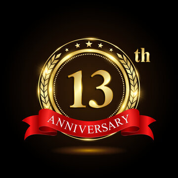 13th golden anniversary logo, with shiny ring and red ribbon, Laurel wrath isolated on black background, vector design
