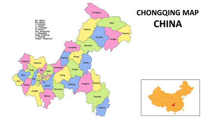 Chongqing Map of China. State and district map of Chongqing. Detailed colorful map of Chongqing.
