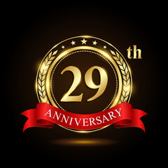 29th golden anniversary logo, with shiny ring and red ribbon, Laurel wrath isolated on black background, vector design