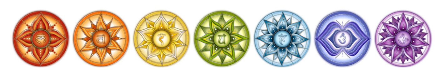 7 Chakra symbols set. Perfect for kinesiology practitioners, massage therapists, reiki healers, yoga studios or your meditation space.