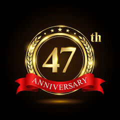 47th golden anniversary logo, with shiny ring and red ribbon, Laurel wrath isolated on black background, vector design